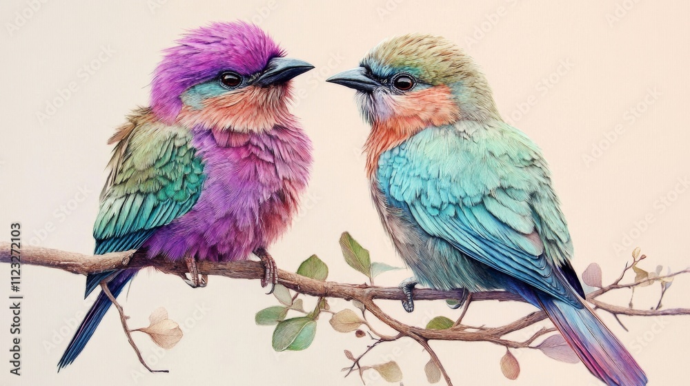 Obraz premium A pair of colorful birds perched together on a branch, symbolizing love, companionship, and the vibrant beauty of nature.
