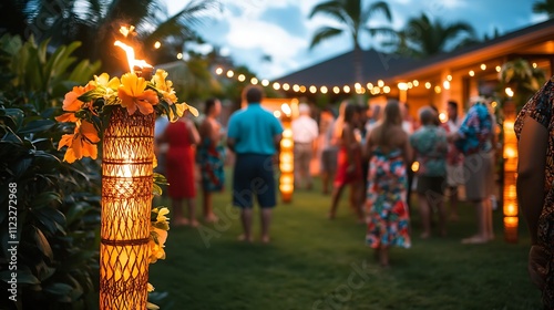 A tropical luau party set up in a homeâ€™s backyard, complete with tiki torches, leis, and inflatable palm trees. Guests are enjoying tropical cocktails while mingling, wearing Hawaiian shirts