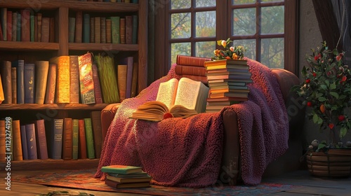 Cozy reading nook with stacked books home library digital illustration warm environment close-up view relaxation concept photo