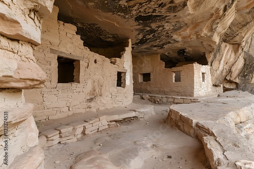 Interior view of Ancestral Puebloan cliff dwellings. Shows multiple rooms built into a sandstone cave, featuring stone walls and small window openings. Evidence of ancient architecture and habitation.