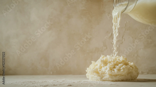 Pouring fresh homemade kefir or probiotic yogurt from a glass bottle against a light background photo