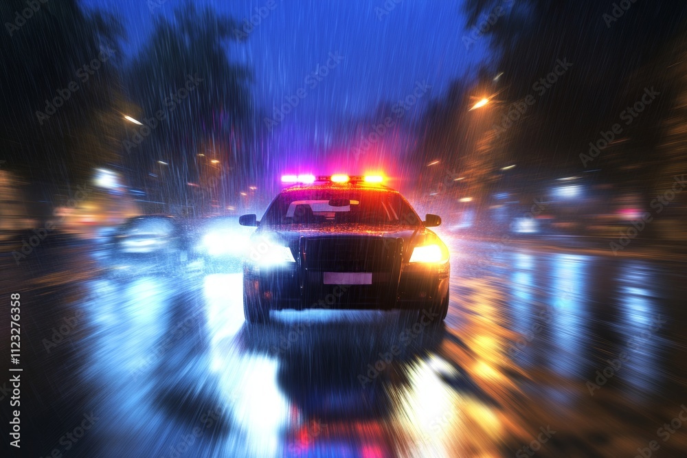 police car with flashing lights on a rainy night, symbolizing law enforcement, emergency response, and urban settings police car with flashing lights on a rainy night, symbolizing law enforcement, emergency response, and urban settings