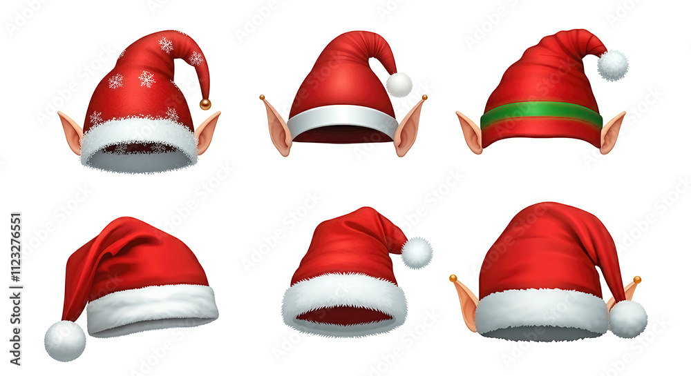 Christmas holiday hat. Funny 3d elf, snow reindeer and santa hats set for Christmas. Vector set of elf clothes isolated on white background Christmas holiday hat. Funny 3d elf, snow reindeer and santa hats set for Christmas. Vector set of elf clothes isolated on white background