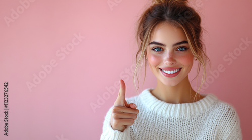 Smiling Woman Pointing Up Against Pink Background
 photo