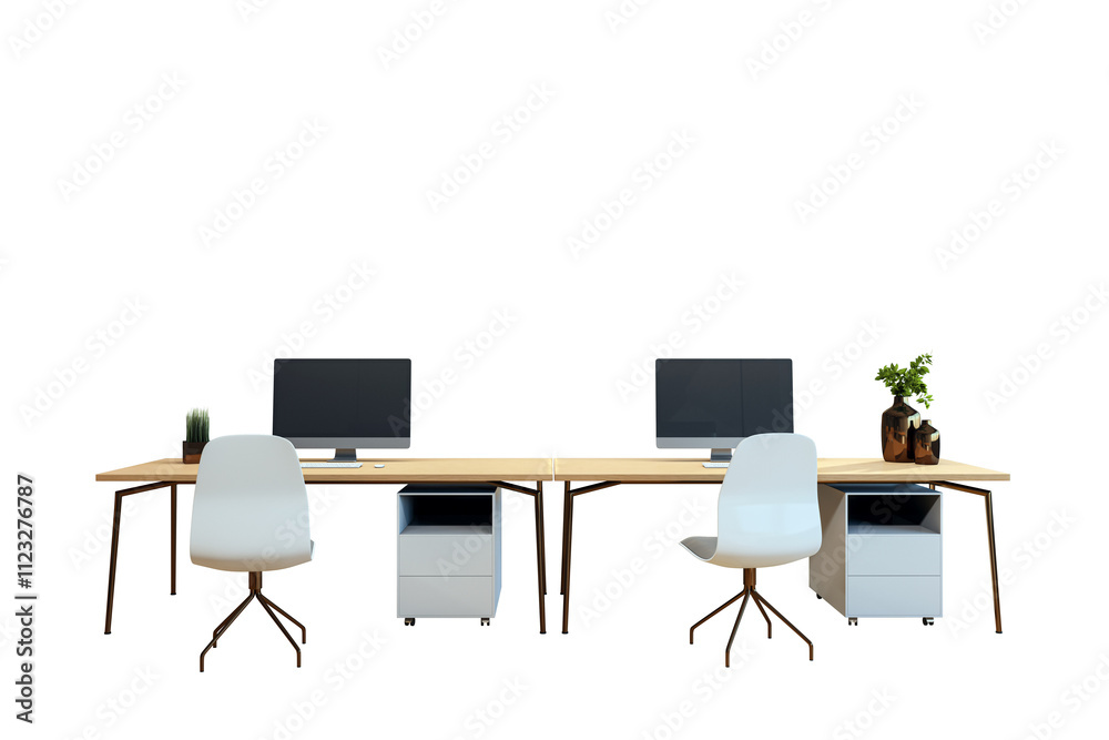 Fototapeta premium Office desk setup with chairs, computer monitors, and potted decor. Isolated on a white background. Modern office furniture concept. 3D Rendering.