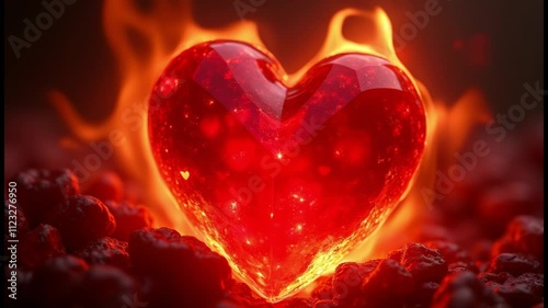 A Highly Detailed Crimsom Red Heart Crystal surrounded by Flames photo