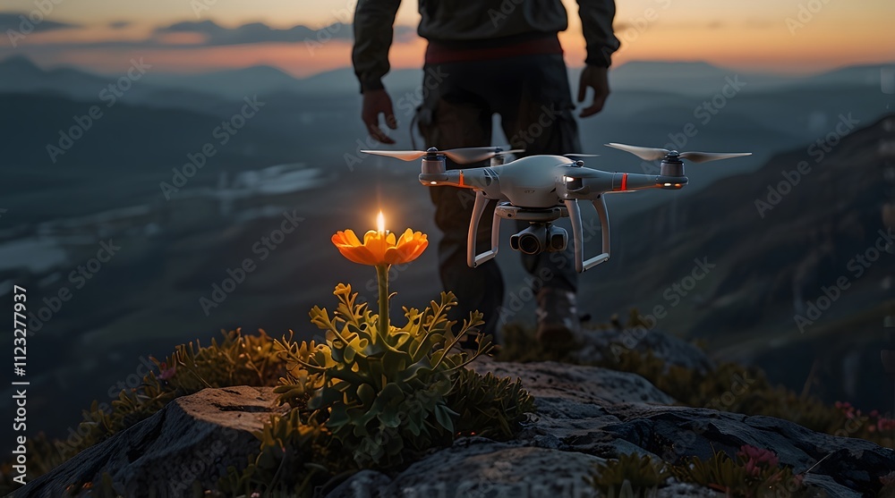 Obraz premium A person controlling a drone at sunset on a mountain with a scenic view of valleys and peaks, surrounded by rocks and flowers