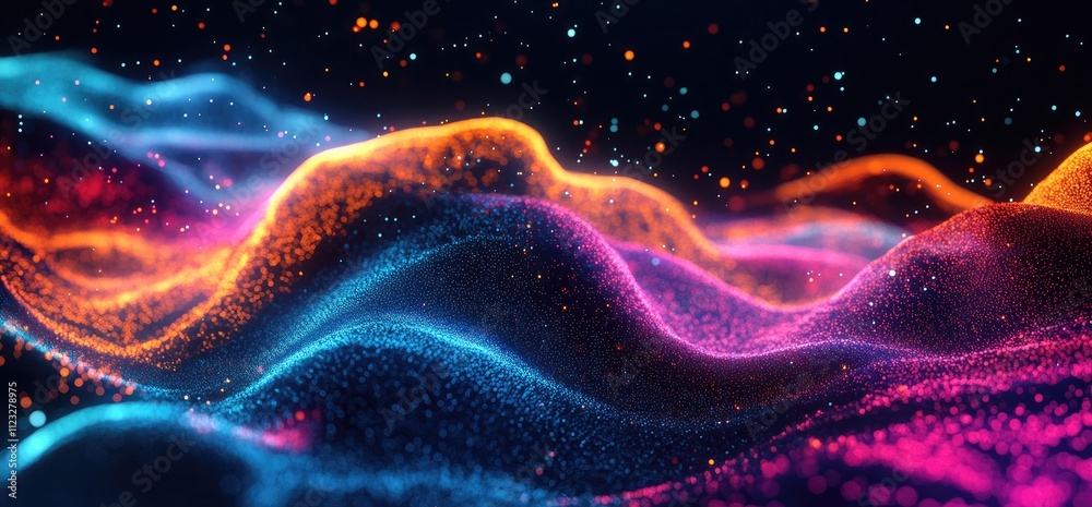 Fototapeta premium Abstract waves of colorful particles create a dynamic, digital landscape.