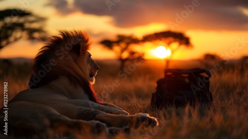 Majestic lion rests at sunset in African savanna. photo