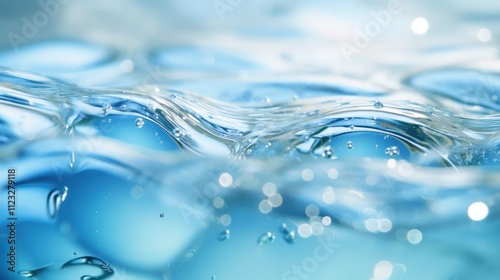 A close-up view of clear blue water, beautifully defocused to highlight the texture of the surface. The light plays off the ripples, while scattered bubbles add a dynamic element