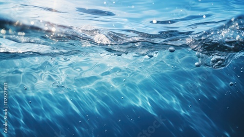 A close-up view of clear blue water, beautifully defocused to highlight the texture of the surface. The light plays off the ripples, while scattered bubbles add a dynamic element