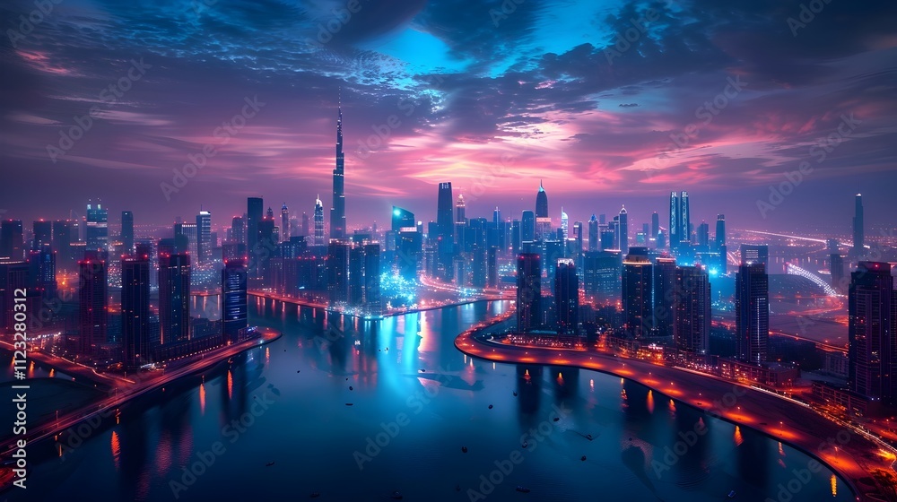 Fototapeta premium A city skyline with a river running through it