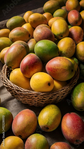 many mangos stay in the table and some in the baskit photo