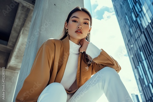 Fashionable woman in urban setting posing confidently.