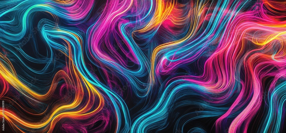 Fototapeta premium A vibrant abstract design featuring swirling neon colors on a dark background.
