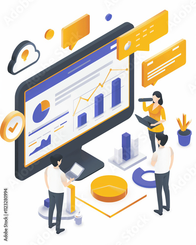 Isometric Business Analytics Team Collaboration Data Charts Graphs