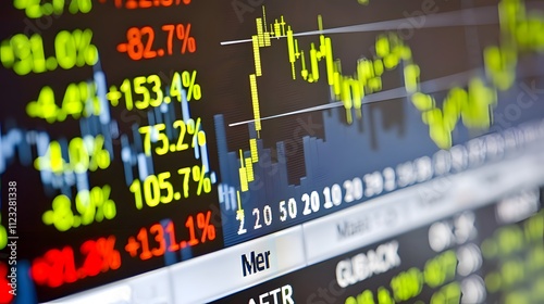 Close-up of digital stock market screen showing upward trend graph, symbolizing stock buyback, financial charts and candlestick patterns in background. photo