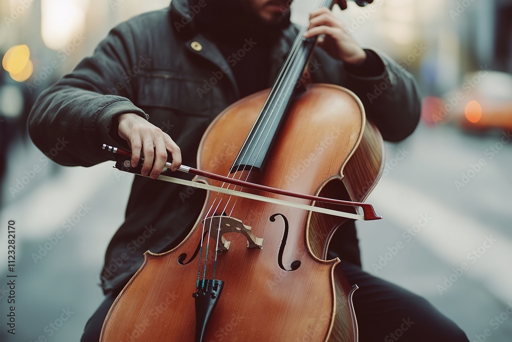 Fototapeta premium Close-up of musician playing cello on urban street, focus on hands and instrument.