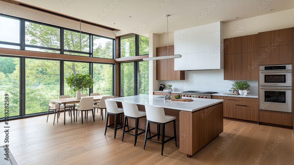 Fototapeta premium Modern kitchen with large windows, natural light, and wooden cabinetry, featuring spacious island and dining area, creating warm and inviting atmosphere