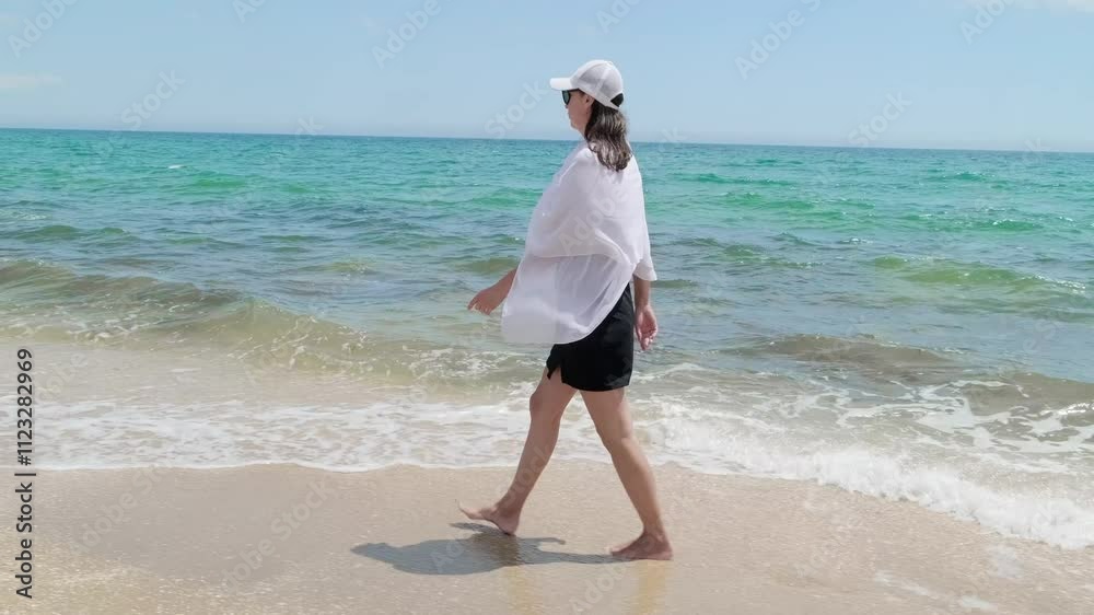 girl walks along seashore on sandy beach, slow motion
girl walks along seashore on sandy beach, slow motion