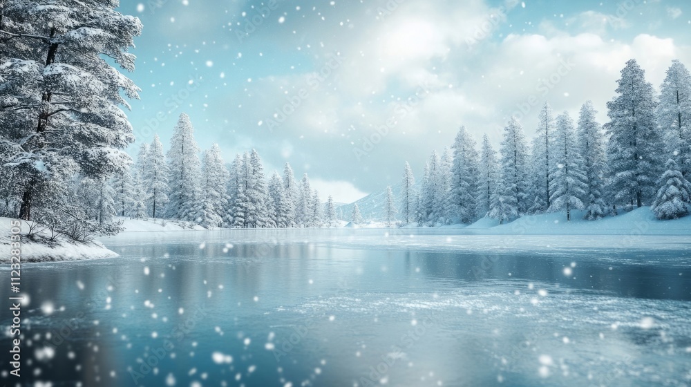 Fototapeta premium A snowy winter landscape with a frozen lake, snow-covered pine trees, and soft snowflakes falling from a cloudy sky