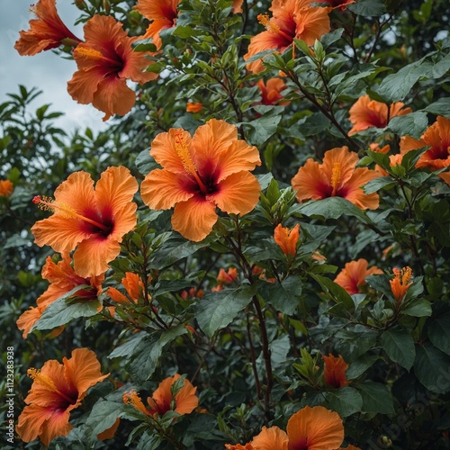 A hibiscus tree with fiery red and orange blossoms in a small island paradise.