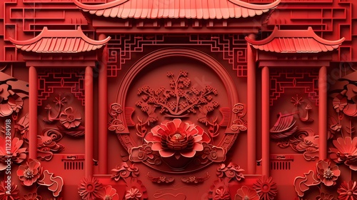 A red and gold Chinese temple with a red flower in the center