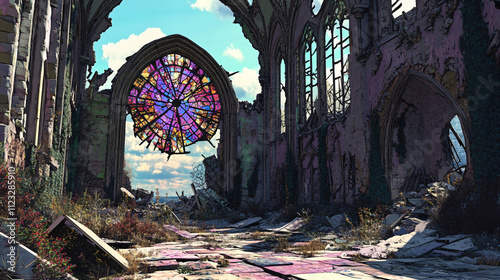 A decayed cathedral on a windswept plateau, the stained glass shattered and scattered.