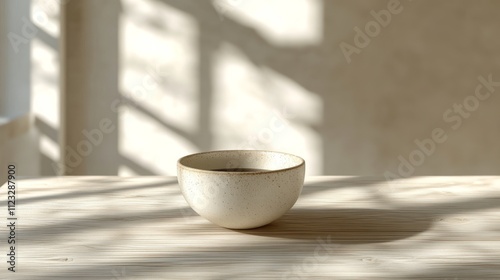 cup coffee beans wooden minimal. A minimalist bowl sits on a wooden surface, illuminated by soft sunlight casting gentle shadows across the scene.