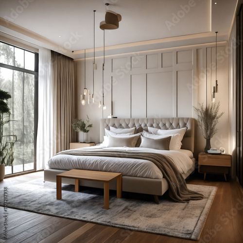 Modern Cozy Bedroom No. 01 - A serene and elegant conceptual design with warm tones and minimalist style.