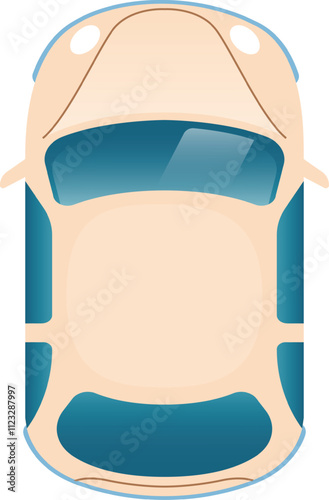 Aerial view capturing a beige car with striking teal windows, parked against a pristine white backdrop, highlighting a clean, minimalist, and modern aesthetic