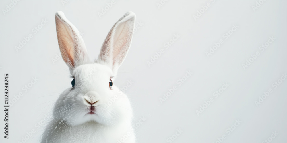 Obraz premium Close-Up Portrait of a Cute White Rabbit with Floppy Ears in Soft Light, copy space