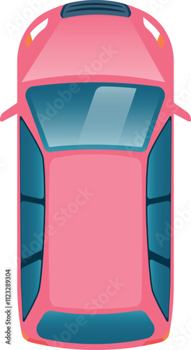 Aerial view of a pink car highlighting its roof, windshield, rear window, and side windows, offering a unique perspective on vehicle design and transportation