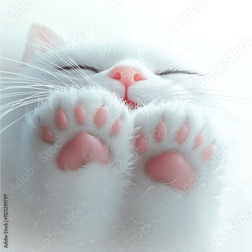 Close-Up of a Fuzzy Cat Paw Against a Simple Background, シンプルな背景に映えるふわふわの猫の足のクローズアップ.Generative AI photo