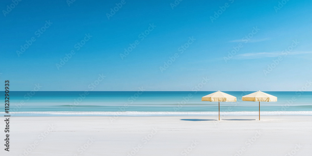 Idyllic Beach Scene with Blue Skies and Sunlit Umbrellas, summer concept, copy space Idyllic Beach Scene with Blue Skies and Sunlit Umbrellas, summer concept, copy space
