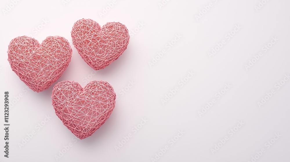 Obraz premium Three Charming Pink Heart Decorations Crafted from Twine on Minimalist White Background for Romantic Themes