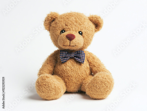 A classic teddy bear wearing a bowtie, isolated on a clean white surface