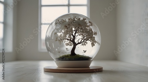 A beautifully crafted glass terrarium featuring a detailed, miniature tree with lush branches and delicate leaves inside a transparent sphere photo