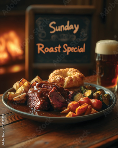 Traditional British Sunday Roast Dinner served with a pint of Beer