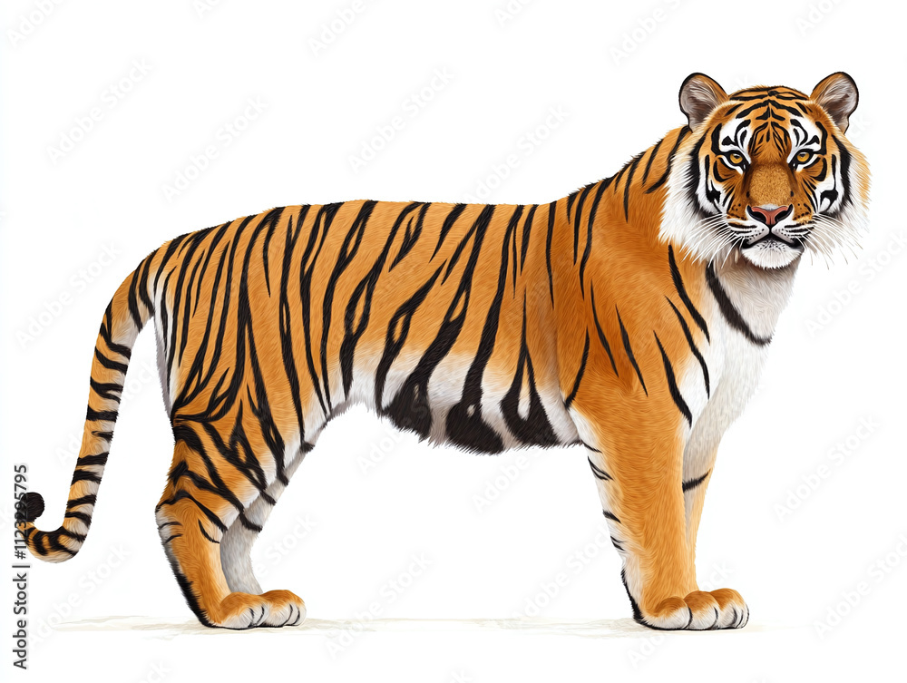 Obraz premium Fierce tiger with bold stripes isolated on white background.