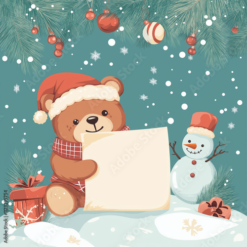 christmas bleesing letter with bear doll and snowman in christmas theme vector illustration
