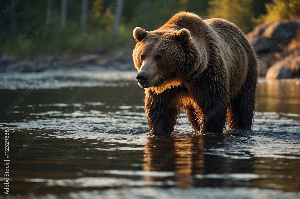 A brown bear is fishing in a river in the forest against the background of sunset. A brown bear is fishing in a river in the forest against the background of sunset.