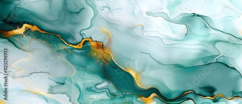 A painting of a green and gold swirl with a blue background