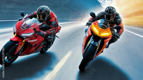 High speed motorcycle racer thrillingly navigating scenic roadways photo