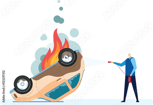 Firefighter using a fire extinguisher to extinguish flames on a burning overturned car, illustrating a car accident and insurance scenario with emphasis on emergency response and safety