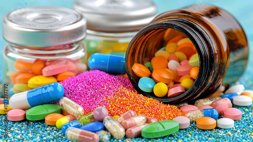 Colorful pills and capsules spilling from jar, showcasing various shapes and sizes, creating vibrant display of pharmaceuticals