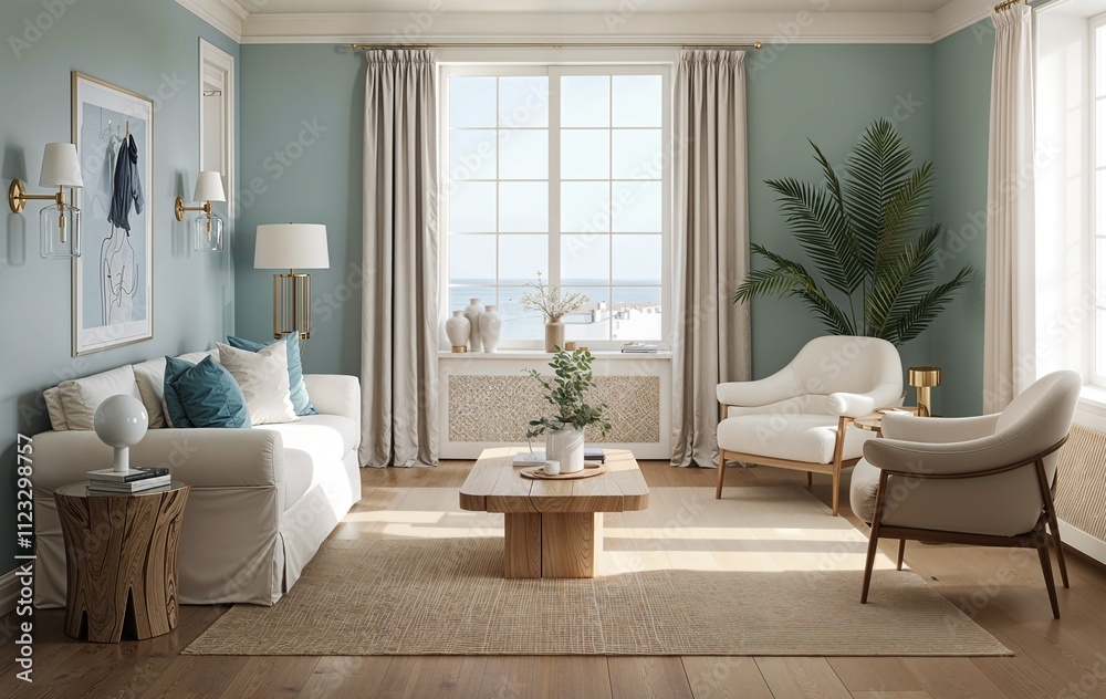 Fototapeta premium A simple modern interior living room with big window,white sofa and wooden furniture