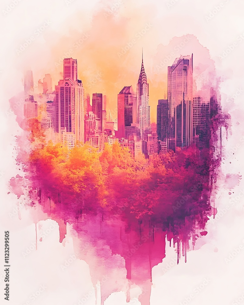 Fototapeta premium Urban Dreams Overlay, Vibrant Skyline Fading into Watercolor Splash