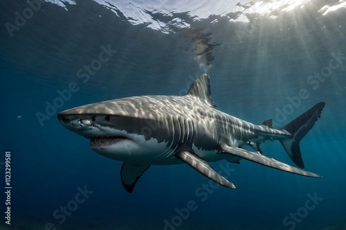 A white shark in the ocean. A species of cartilaginous fish of the monotypic genus of white sharks of the herring shark family. photo