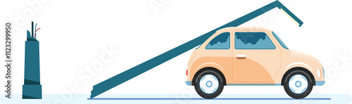 Power outage causing a falling electric pole crushing a car during earthquake or hurricane showing infrastructure damage and insurance claim concept